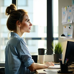 The image depicts a serene office space bathed in soft natural light and woman in her 40s staring contemplatively at something in the distance she has a coffee mug on her desk and feels aspirational and inspired The atmosphere exudes an air of possib-1 The image depicts a serene office space bathed in soft natural light and woman in her 40s staring contemplatively at something in the distance she has a coffee mug on her desk and feels aspirational and inspired The atmosphere exudes an air of possib-1
