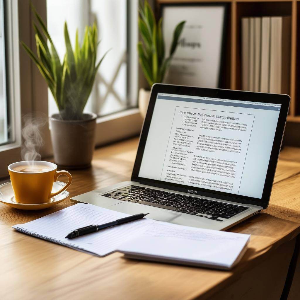 The image depicts a modern workspace featuring a sleek wooden desk with a laptop open to a resume template on the screen