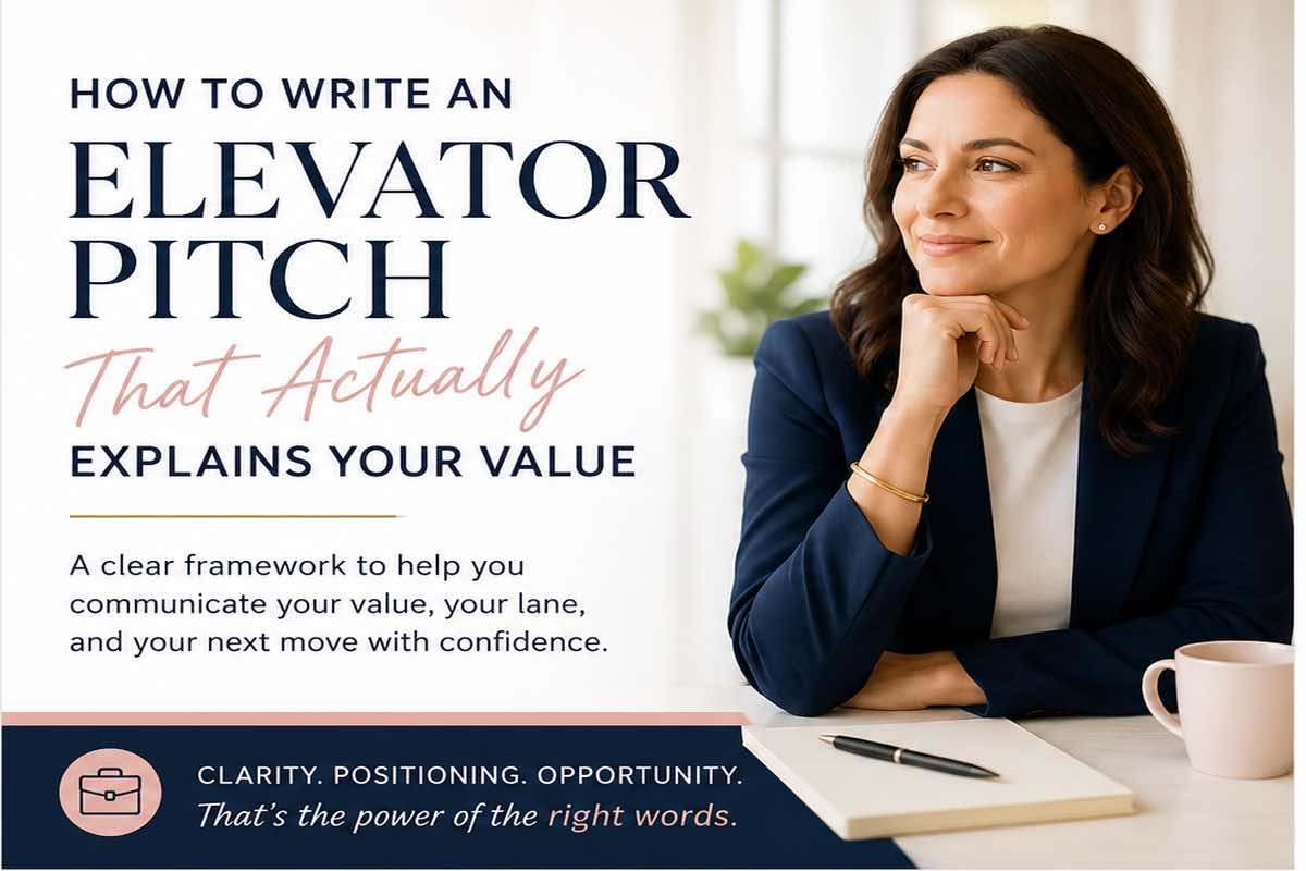 Professional writing an elevator pitch to clarify career value and positioning