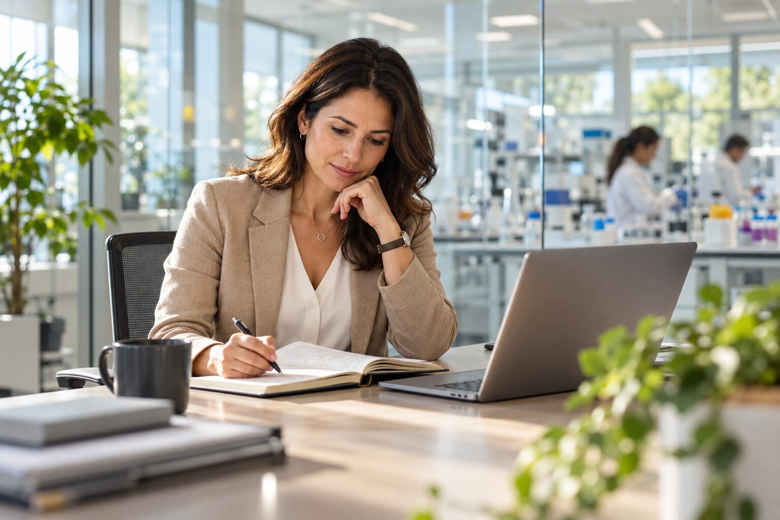 Professional reviewing career notes in a modern life sciences office with a laboratory visible behind her.
